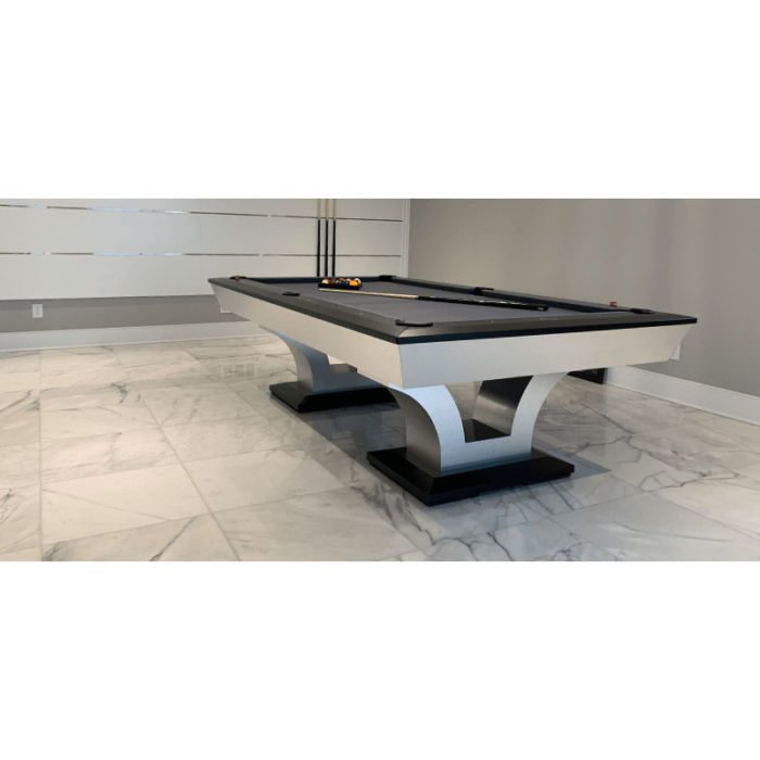 Olhausen Billiards Luxor Pool Table Modern Brushed Aluminum Black Cloth