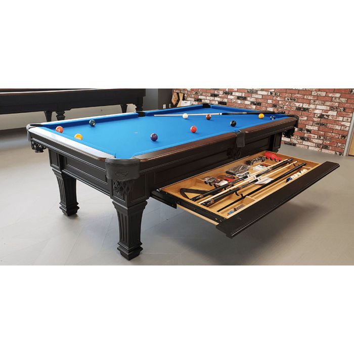 Olhausen Billiards Kirkwood Pool Table Matte Black Lacquer Finish on Traditional Mahogany Drawer Open