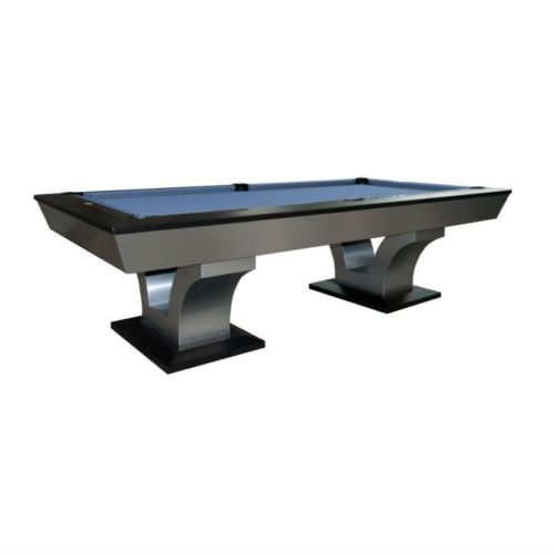 Olhausen Billiards Luxor Pool Table With Brushed Aluminum Metal with Matte Black Lacquer on Maple Rails and Leg Plates