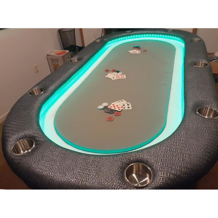 custom poker table oval LED lights black vinyl red cloth
