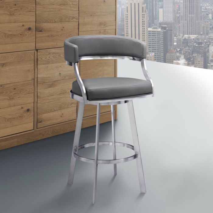 Armen Living Saturn 30 Bar Height Swivel Grey Faux Leather and Brushed Stainless Steel Bar Stool LCSNBABSGR30