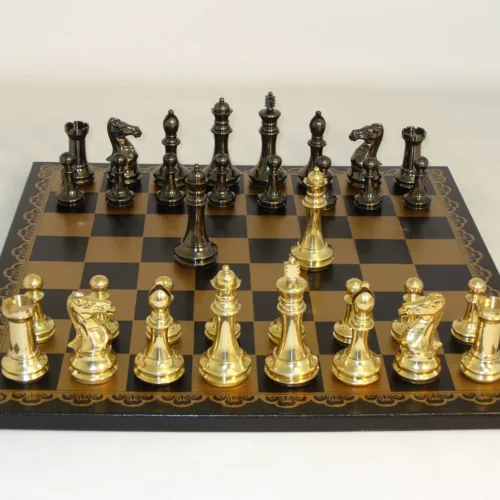 4" METAL STAUNTON CHESSMEN ON LEATHER BOARD CHESS SET